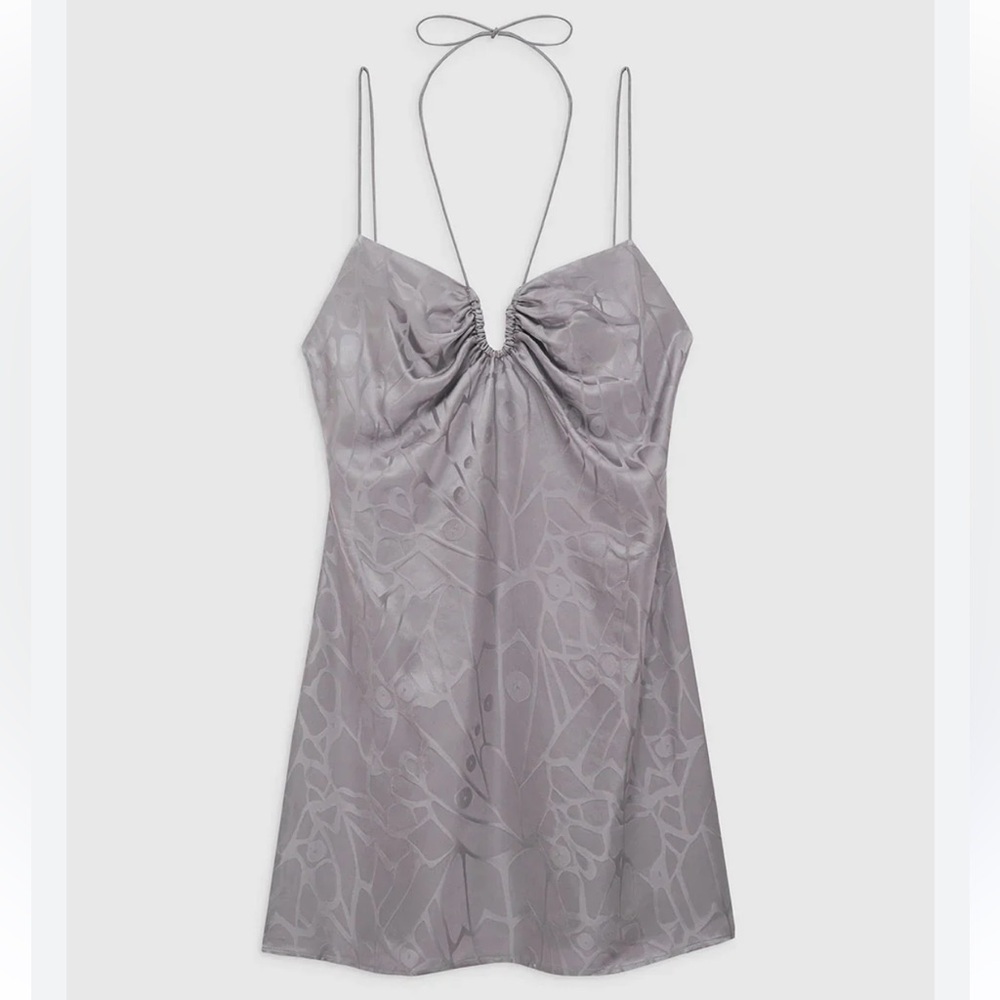 Anine Bing Papillon Silk Mini Dress in Ash Violet Butterfly Jacquard Grey Small